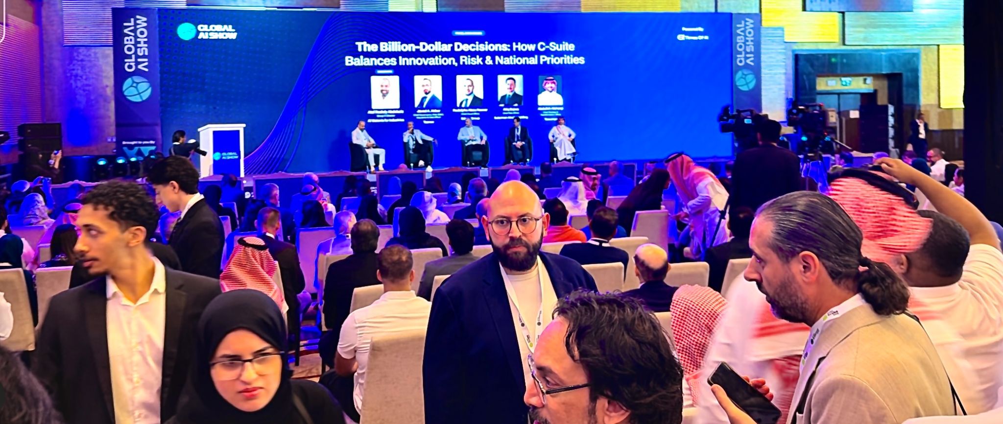 Billion-Dollar Decisions keynote Global AI Show Riyadh—AI risk and national priorities observed by Band9AI founder Mustafa Darras